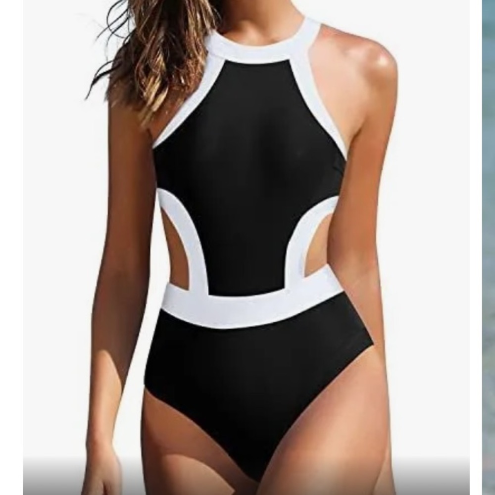Holipick one piece sexy women’s black swimsuit with white accents and cu…